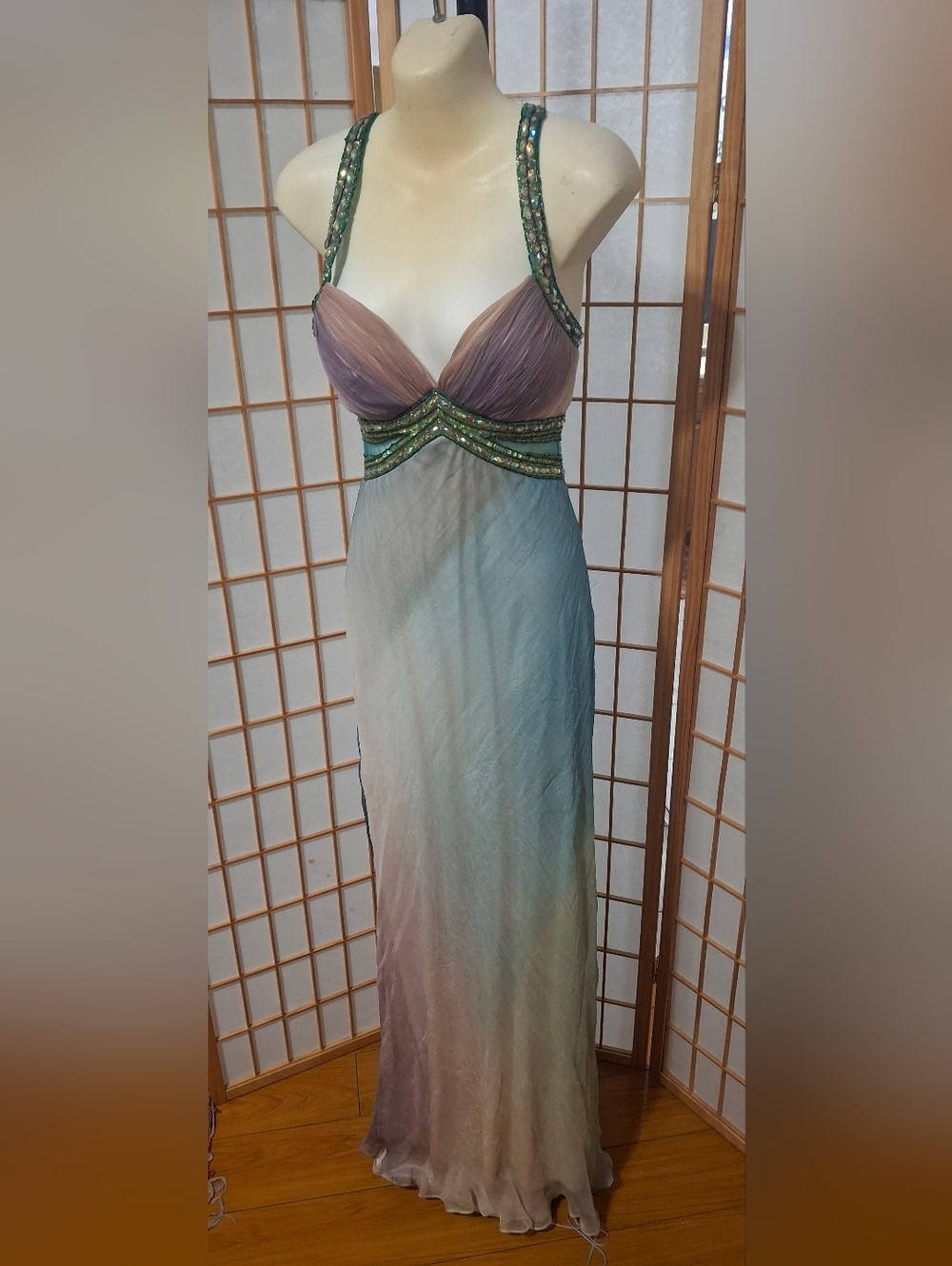 Dave & Johnny Vintage Ombre Lavender to Aqua Beaded Halter Evening Gown